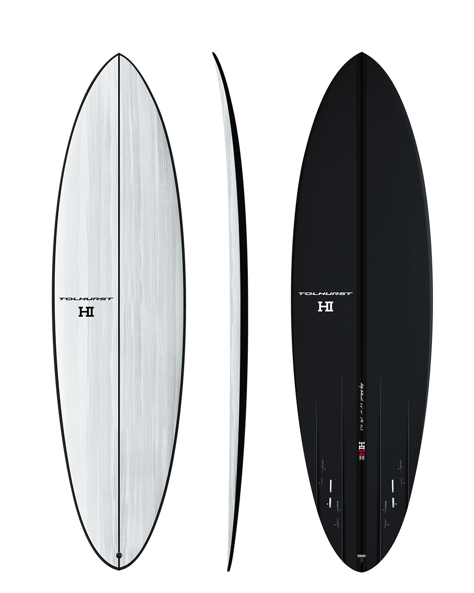 Harley Ingleby MID 4 Thunderbolt Black White/Carbon Bottom surfboard, deck, rail profile and carbon bottom views
