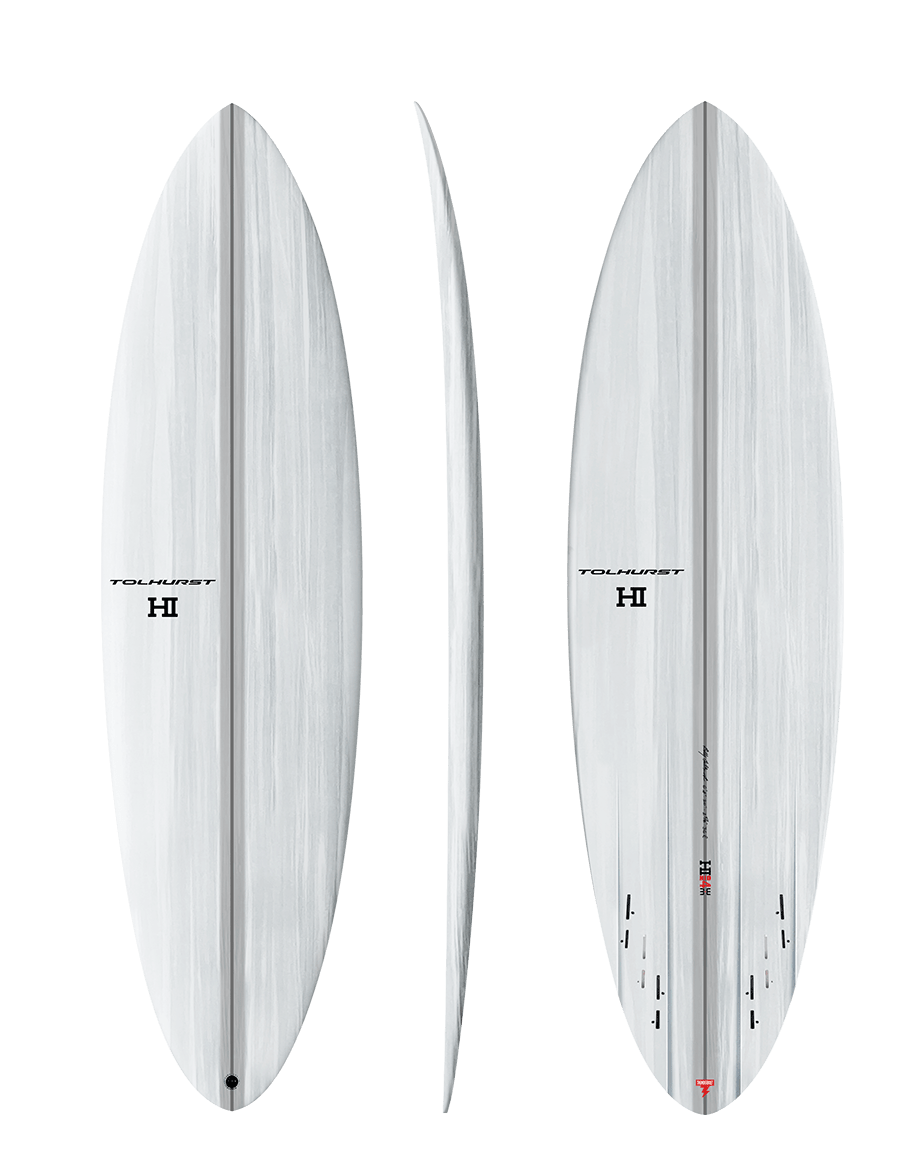 Harley Ingleby MID 4 Thunderbolt Red Candy/White surfboard, deck, rail profile and bottom views