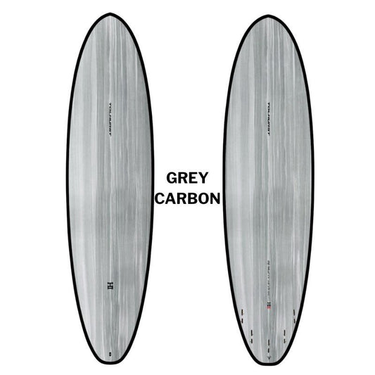 Harley Moe mid-length surfboard Thunderbolt Black deck and bottom view showing fin box setup