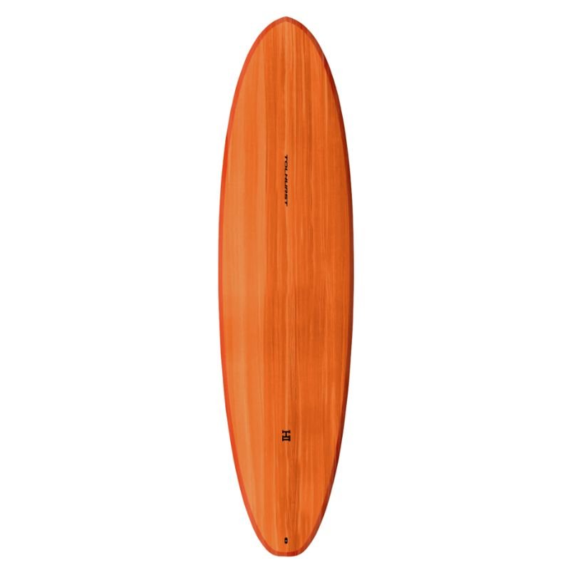 Thunderbolt Red Harley Moe surfboard studio shot against white background