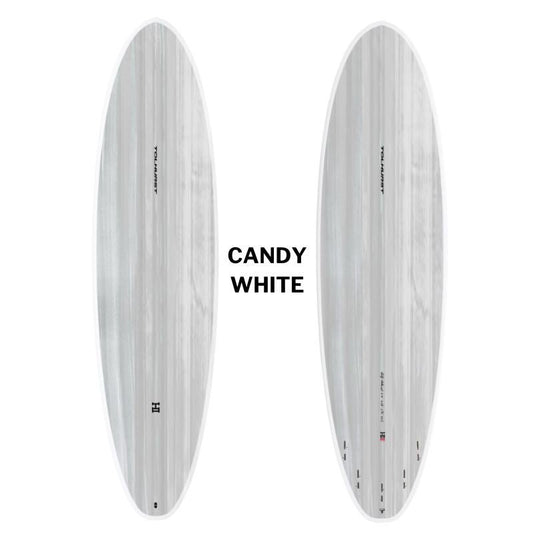 Harley Moe mid-length surfboard Thunderbolt Red candy white bottom and top view showing double concave design