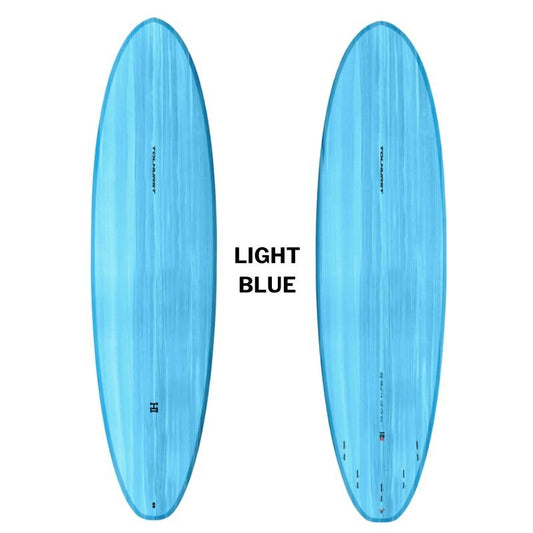 Harley Moe mid-length surfboard Thunderbolt Red in blue - bottom and top view showing double concave design