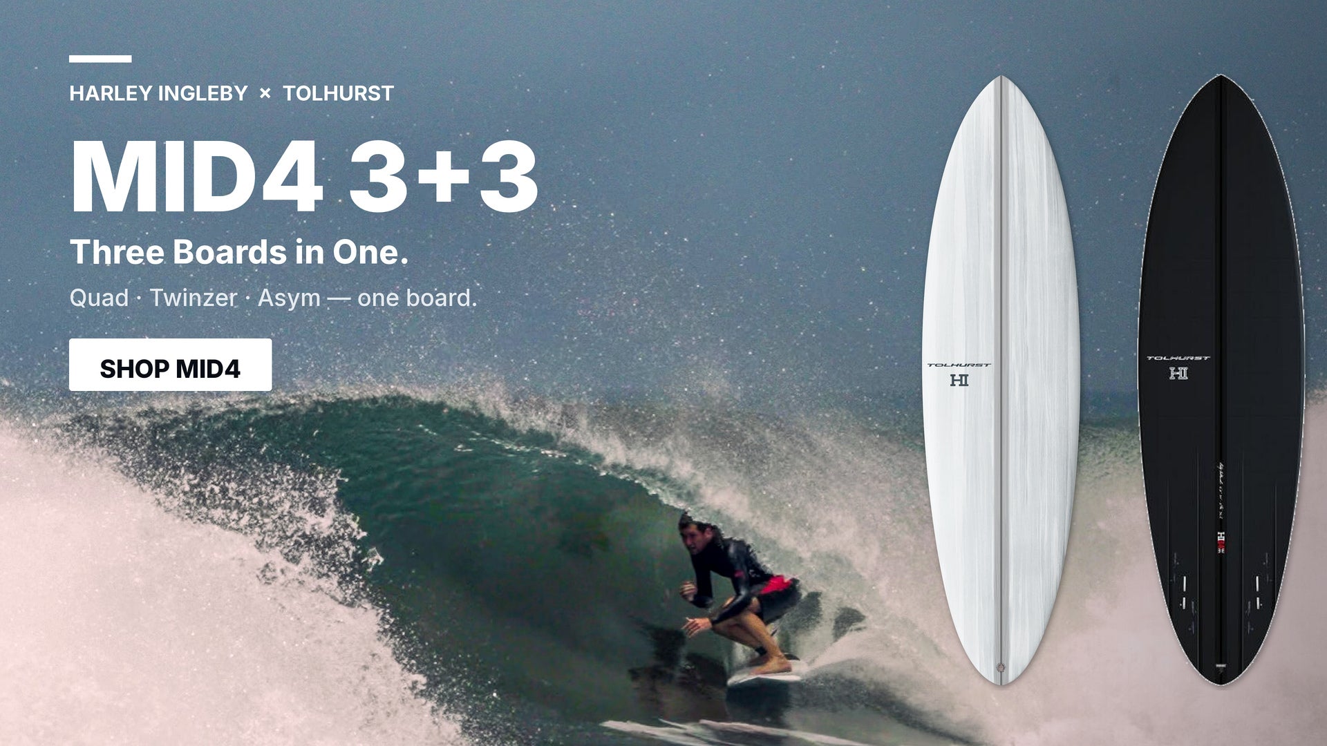 Harley Ingleby surfing the Tolhurst MID4 3+3 — three boards in one. Shop Mid4.