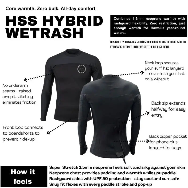 HawaiianSouthShore Hybrid Wet/RashGuard Ltd. (Small - XXLarge) Black - Must - Have for Surfers