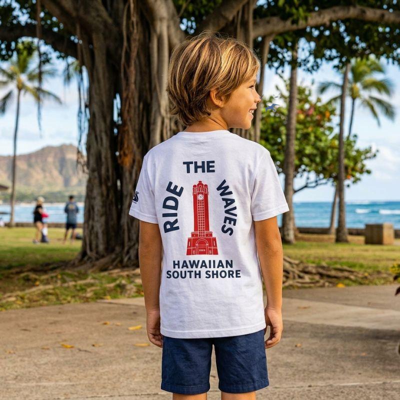 HawaiianSouthShore Kids T-Shirt TOWER Made in Hawaii (XSmall-Large) White - Must-Have for Surfers