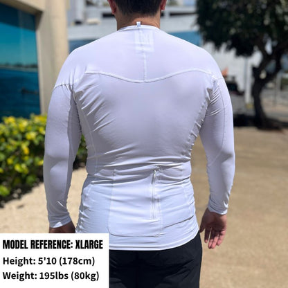HawaiianSouthShore Rashguard With Pocket Fitted (Small - XLarge) Longsleeves White - Must - Have for Surfers