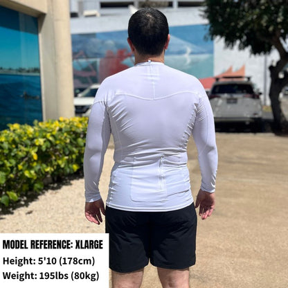 HawaiianSouthShore Rashguard With Pocket Fitted (Small - XLarge) Longsleeves White - Must - Have for Surfers