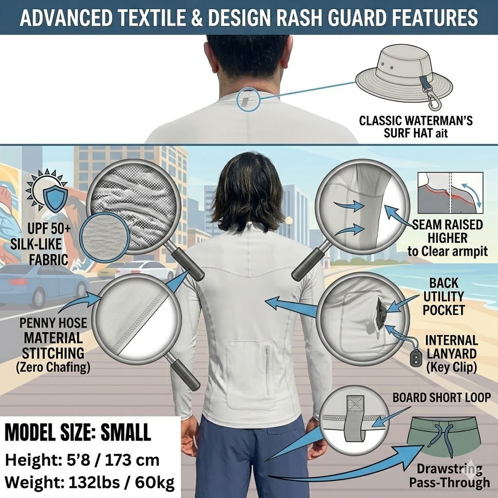 HawaiianSouthShore Rashguard With Pocket Fitted (Small - XLarge) Longsleeves White - Must - Have for Surfers