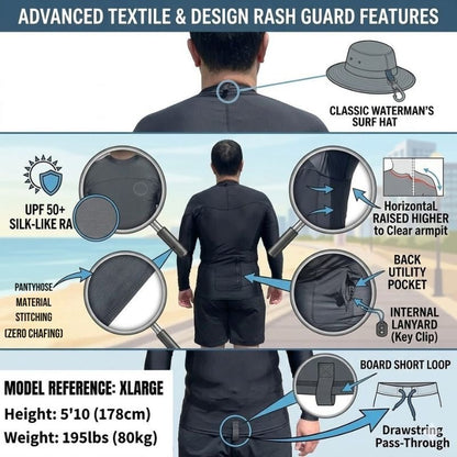 HawaiianSouthShore Rashguard With Pocket Fitted (Small - XXLarge) Longsleeves Black - Must - Have for Surfers
