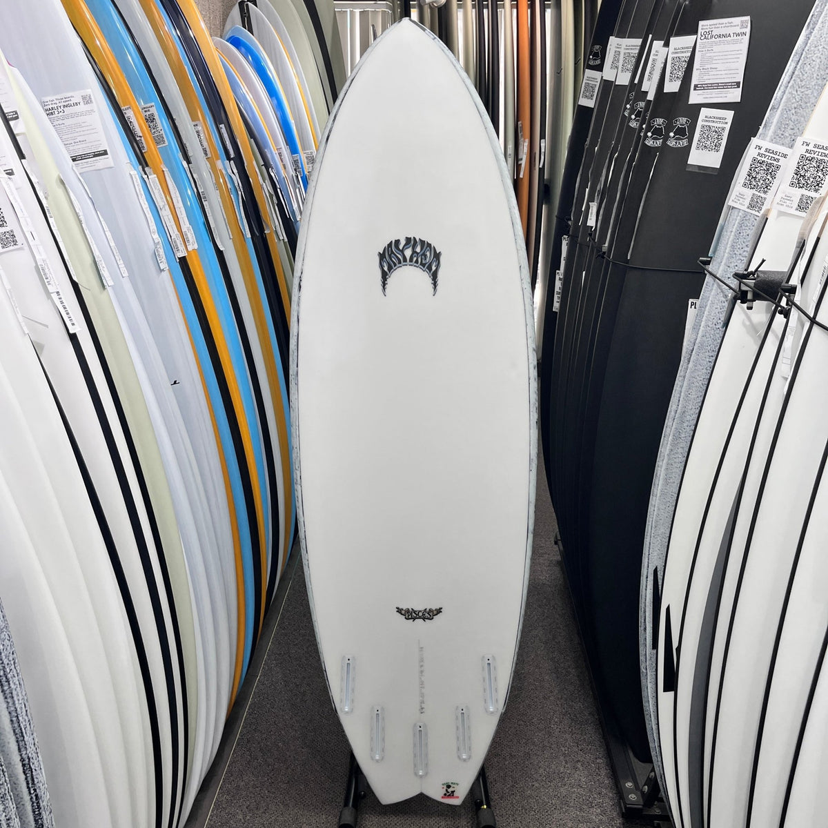 Lost Pisces Blacksheep 5'9 Purple Logo Futures surfboard, bottom