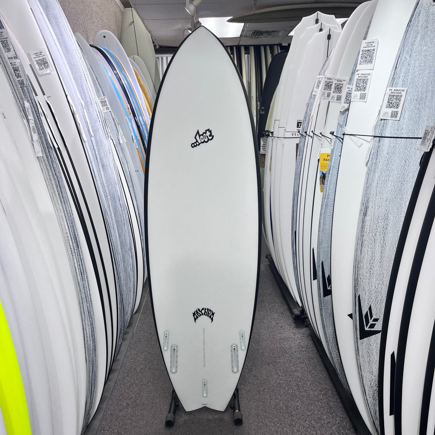 Lost RNF Twinzer 96'er Black Sheep Futures 5'8 Free Canards surfboard, bottom