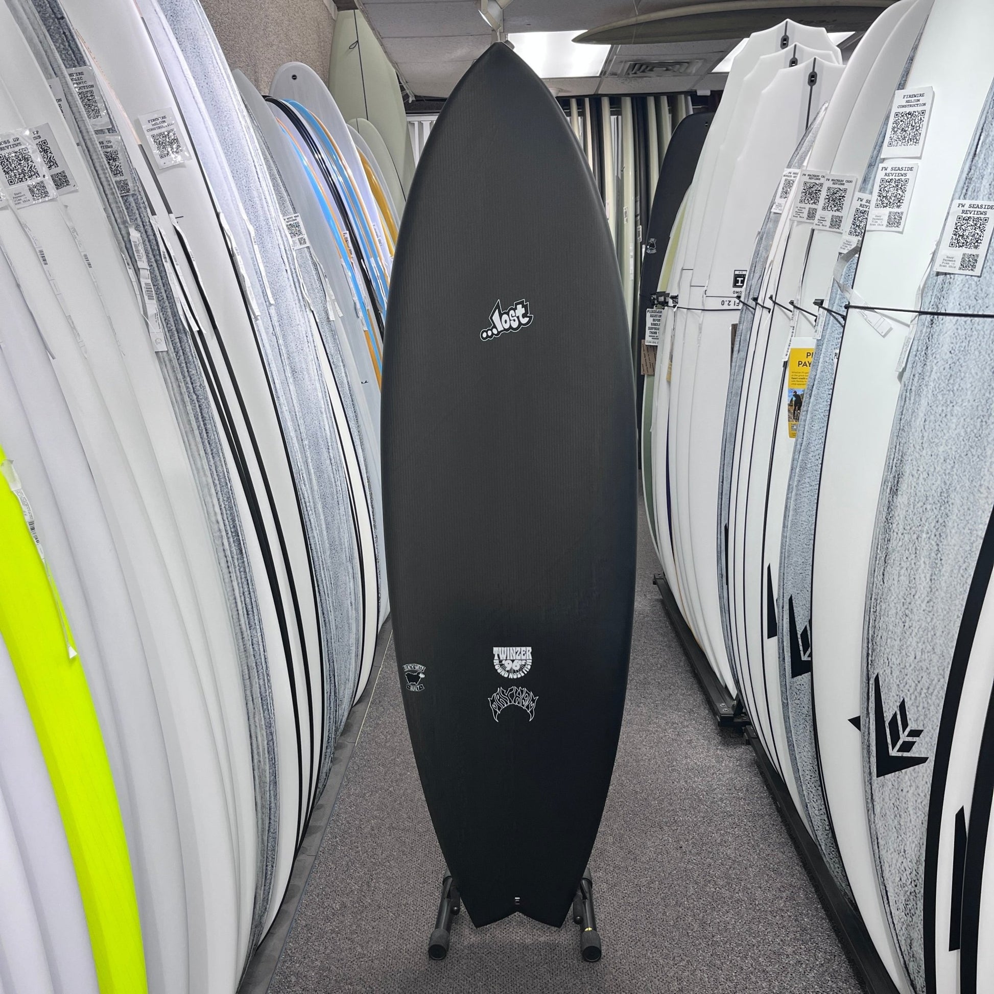 Lost RNF Twinzer 96'er Black Sheep Futures 5'8 Free Canards surfboard, deck