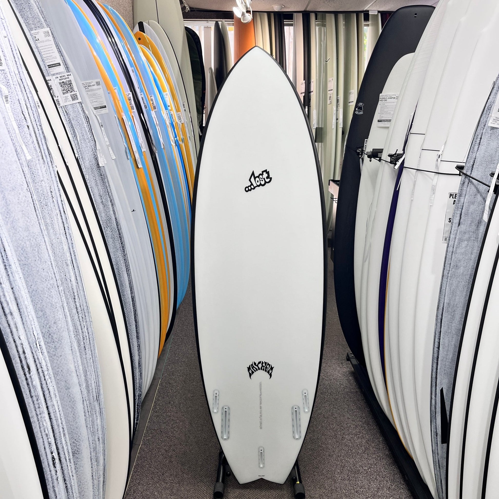 Lost RNF Twinzer 96'er Black Sheep Futures 5'5 V28.25 Free Canards surfboard, bottom