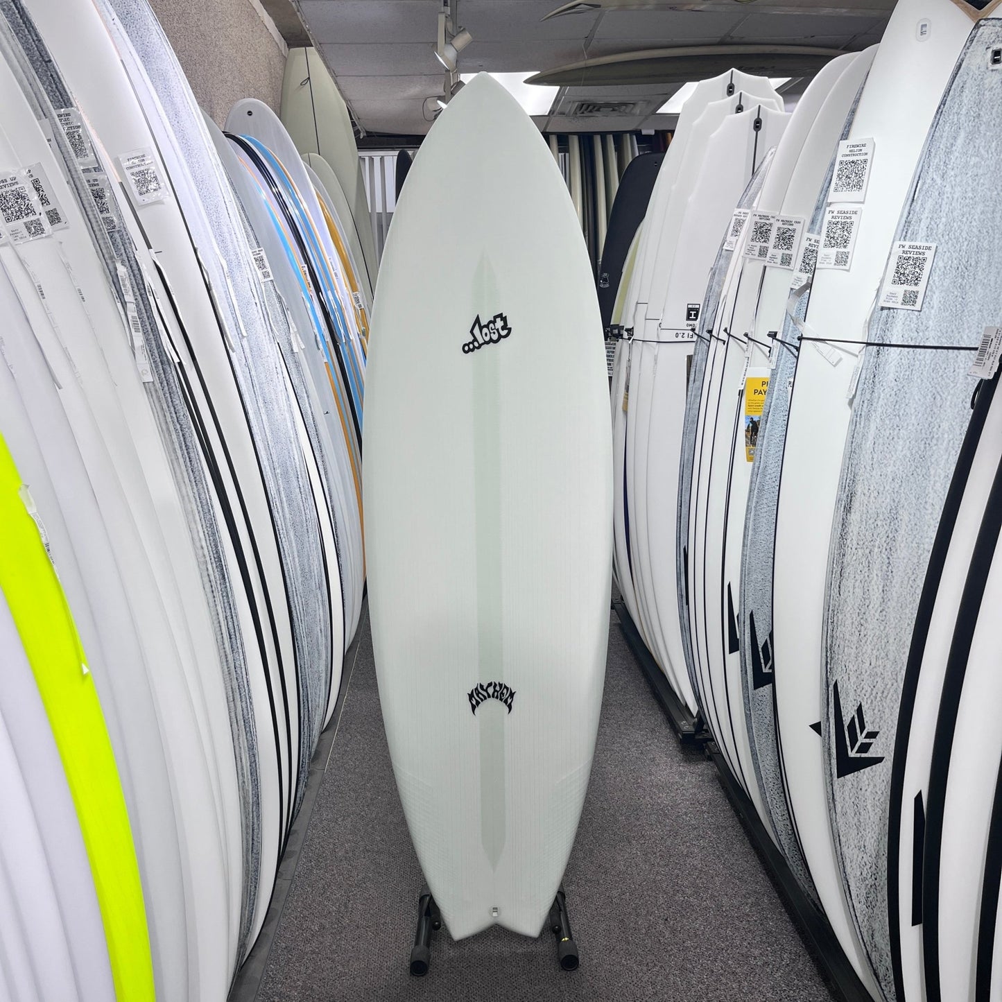 Lost RNF Twinzer 96'er Lightspeed II Futures 5'7 Free Canards surfboard, deck
