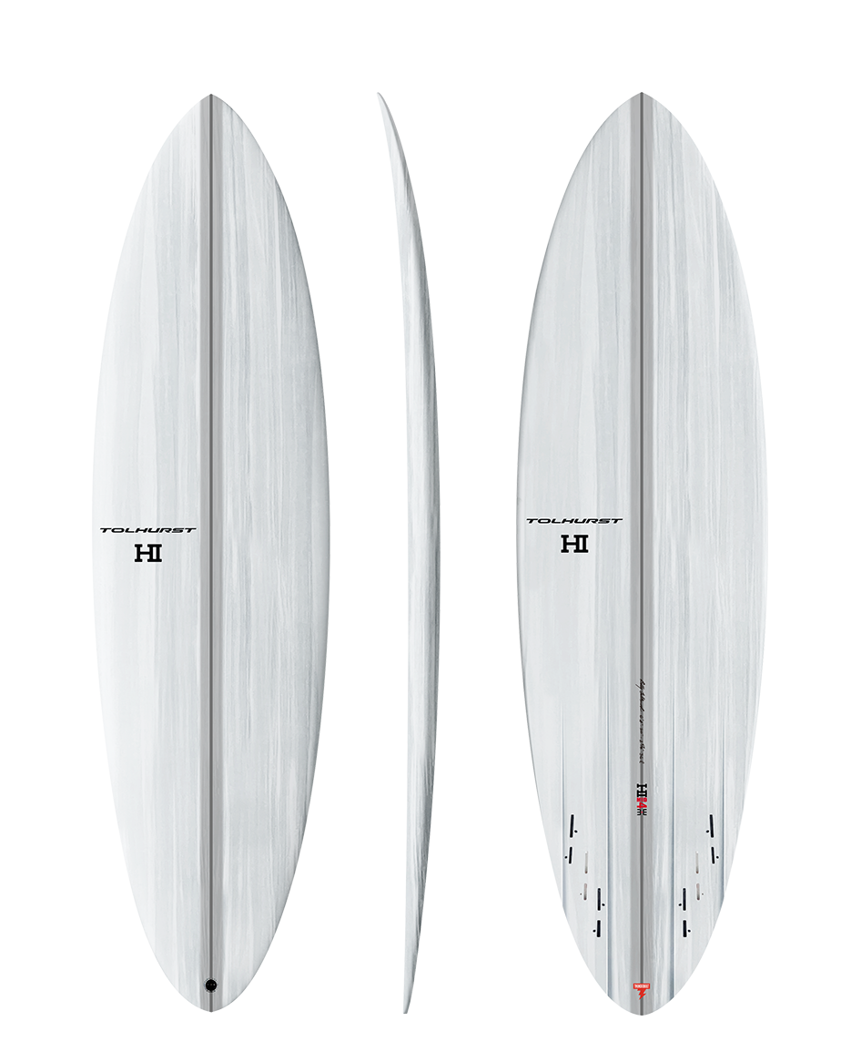 Harley Ingleby MID 4 Thunderbolt Red Candy/White surfboard, deck, rail profile and bottom views