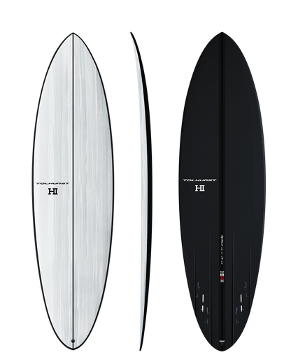 Harley Ingleby MID 4 Thunderbolt Black White/Carbon Bottom surfboard, deck, rail profile and carbon bottom views